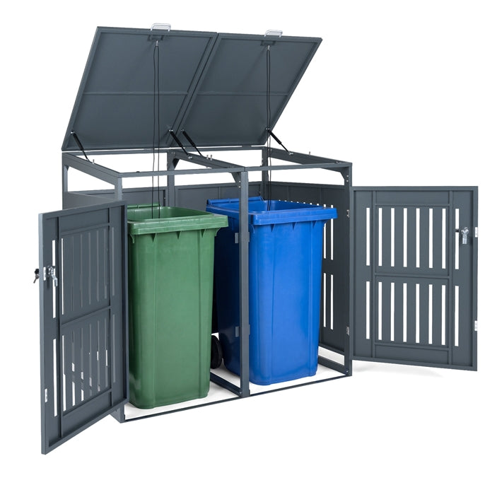 Outdoor Trash Can Storage Shed for 2 Bins, 1.24 m3 Metal Garbage Can Organizer with Gas Struts