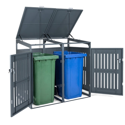 Outdoor Trash Can Storage Shed for 2 Bins, 1.24 m3 Metal Garbage Can Organizer with Gas Struts
