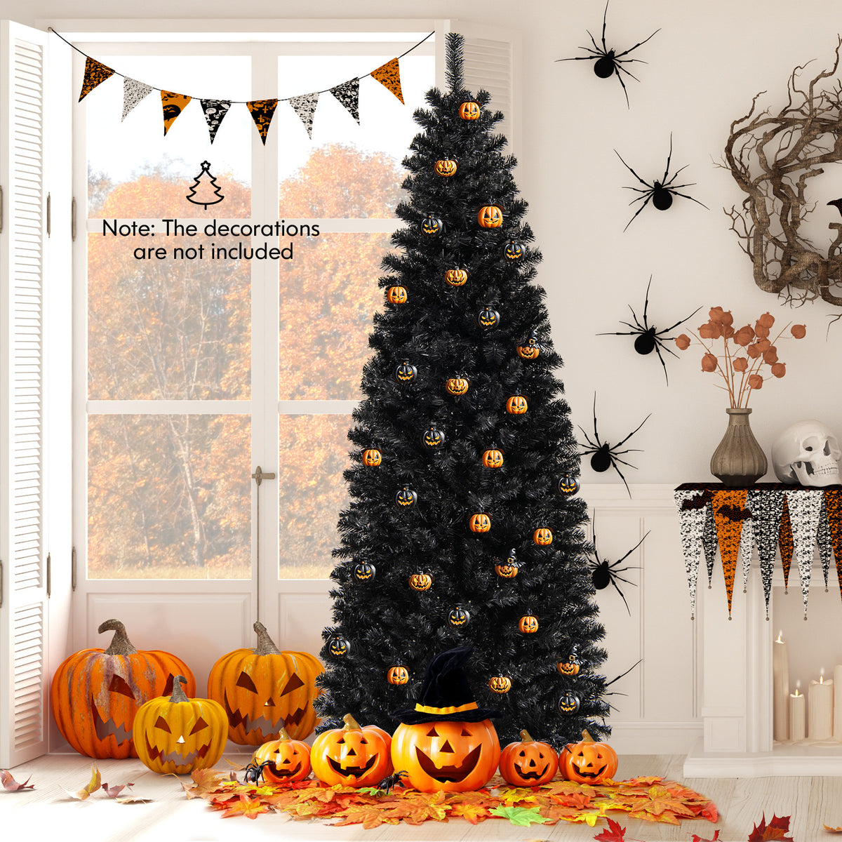 6FT Prelit Pencil Black Christmas Tree, Artificial Slim Xmas Tree with 618 Branch Tips
