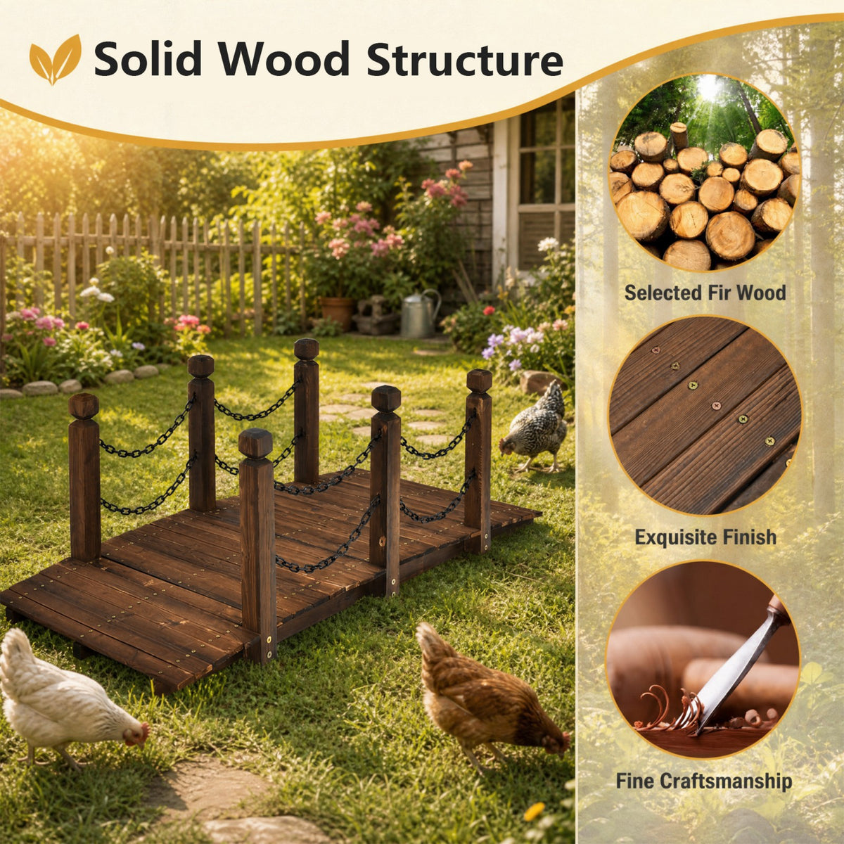 150cm Wooden Bridge, Arc Footbridge w/Safe Chain Railings, Outside Small Arc Pond Bridge