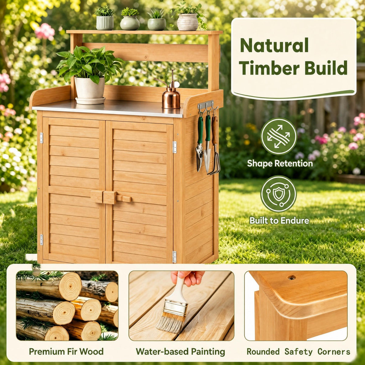 Garden Potting Bench Table, Wood Plant Workstation w/ Stainless Steel Tabletop
