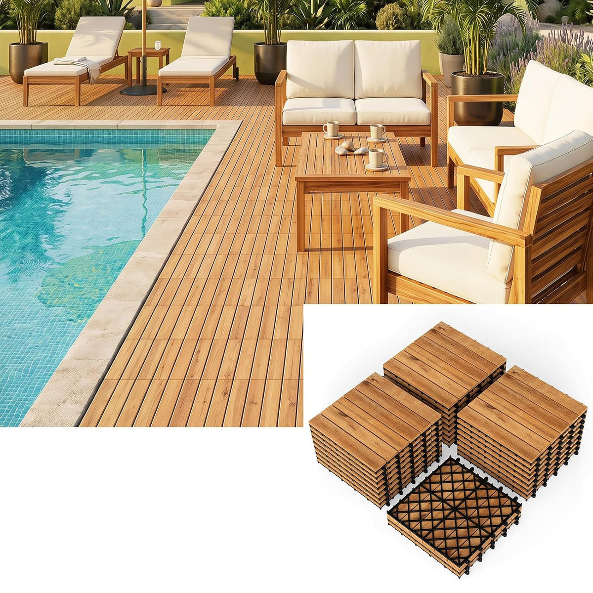Lucktree 12" x 12" Interlocking Acacia Wood Deck Tiles