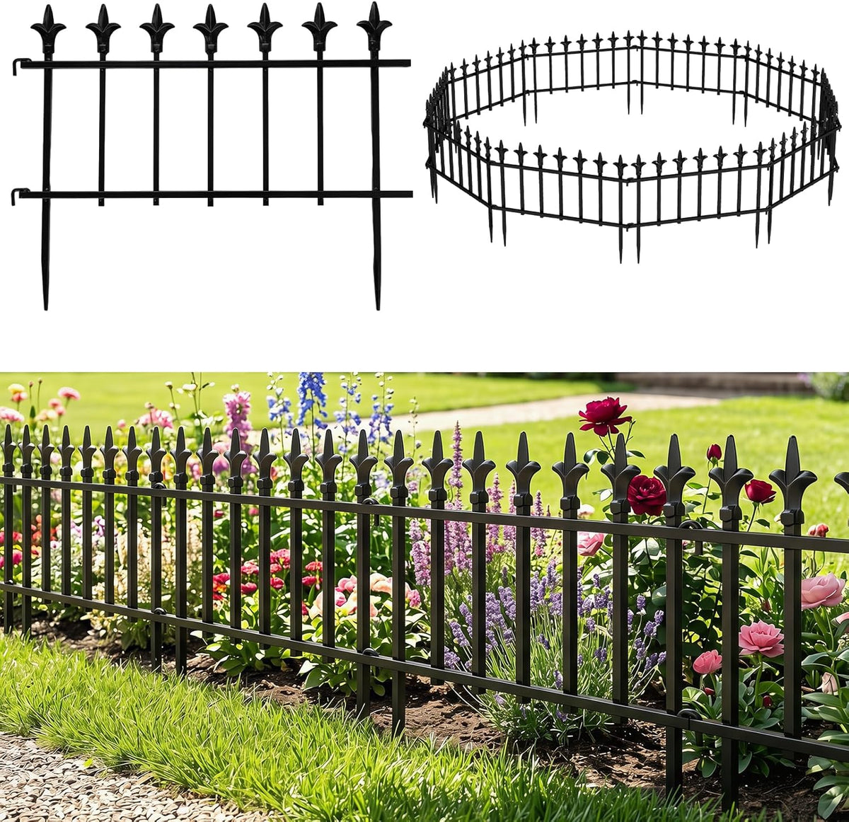 Lucktree No Dig Decorative Metal Garden Fence with Fleur-de-Lis Finials