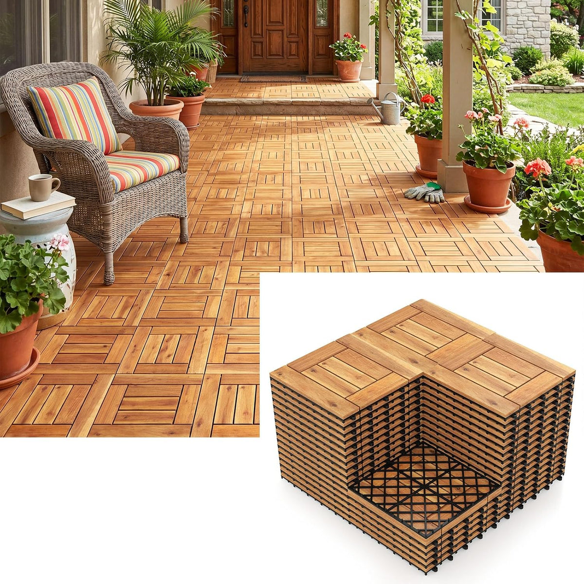 Lucktree 12" x 12" Acacia Wood Interlocking Patio Flooring Tiles with Drainage Base