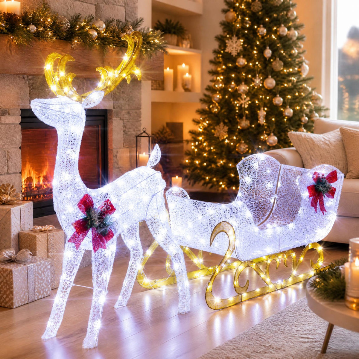 Pre-lit Artificial Christmas Decoration, Lighted Christmas Reindeer and Sleigh with LED Lights