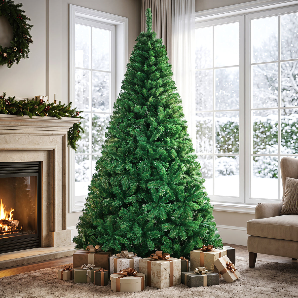 5/6/7/8 FT Artificial Christmas Tree, Unlit Full Xmas Pine Tree with 350/650/950/1138 Branch Tips & Folding Metal Stand