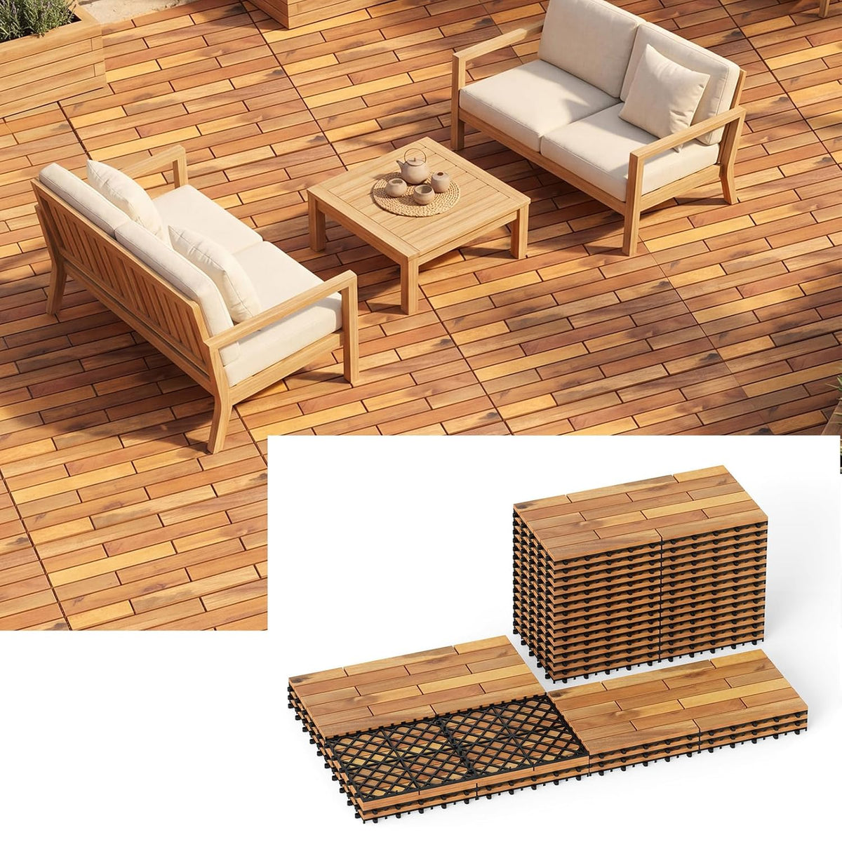 Lucktree 24" x 12" Acacia Wood Deck Tiles with Drainage Base