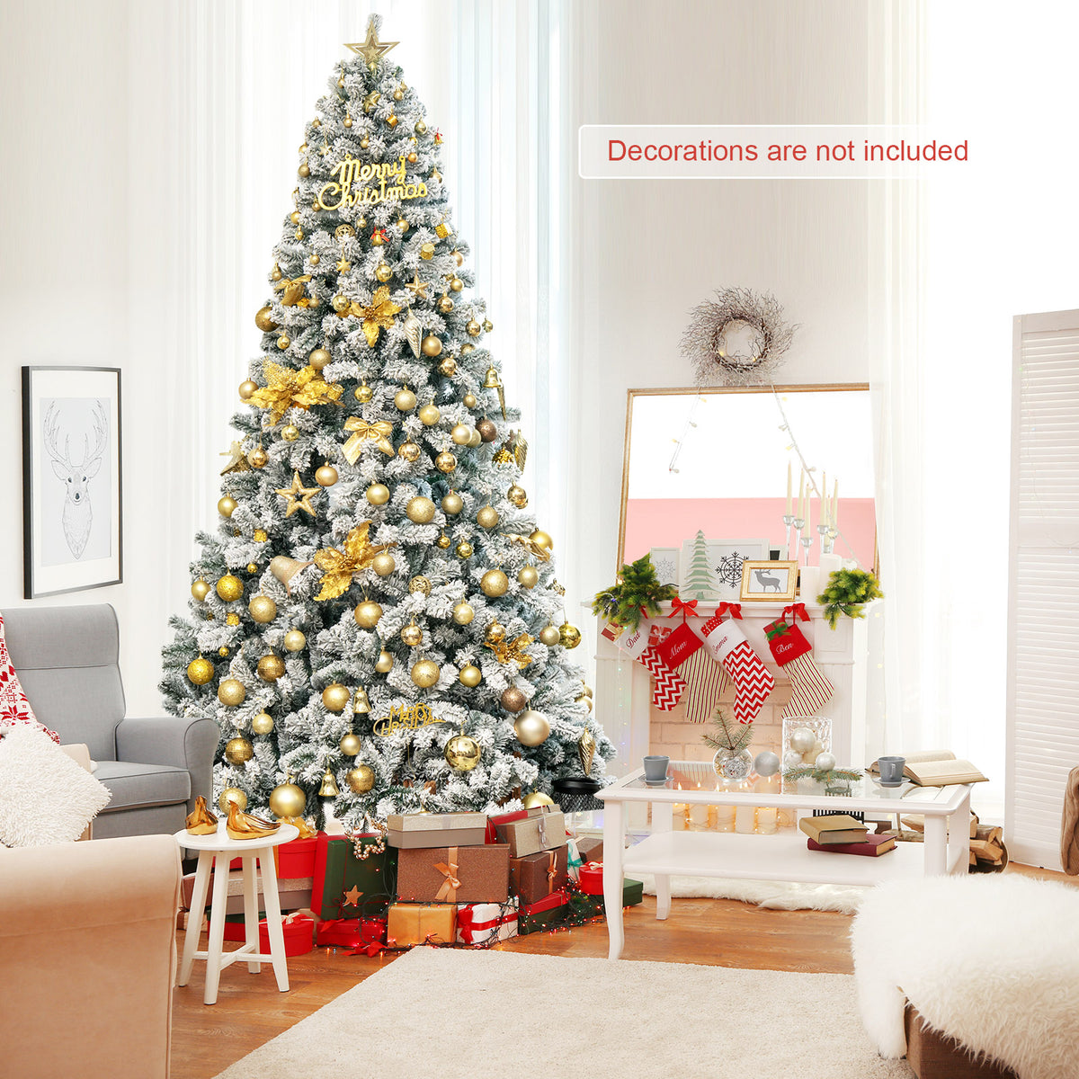 9FT Flocked Christmas Tree, Artificial Xmas Tree w/PVC Needles, Metal Stand