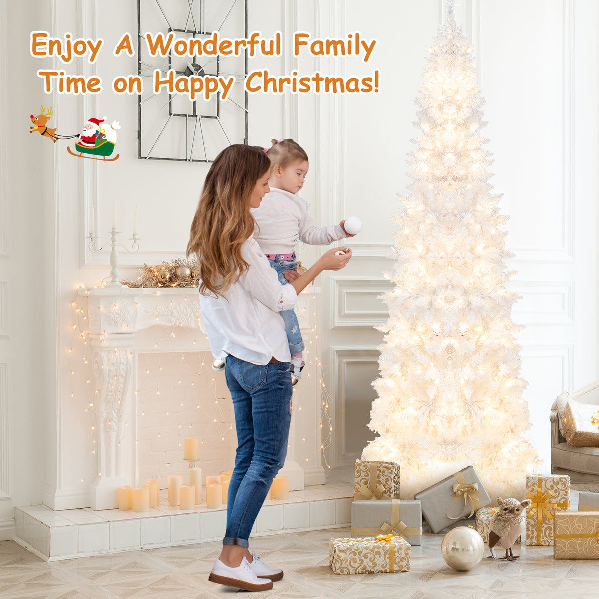 7 FT Christmas Pencil Tree, Hinged Holiday Tree with 300 Warm White LED Lights