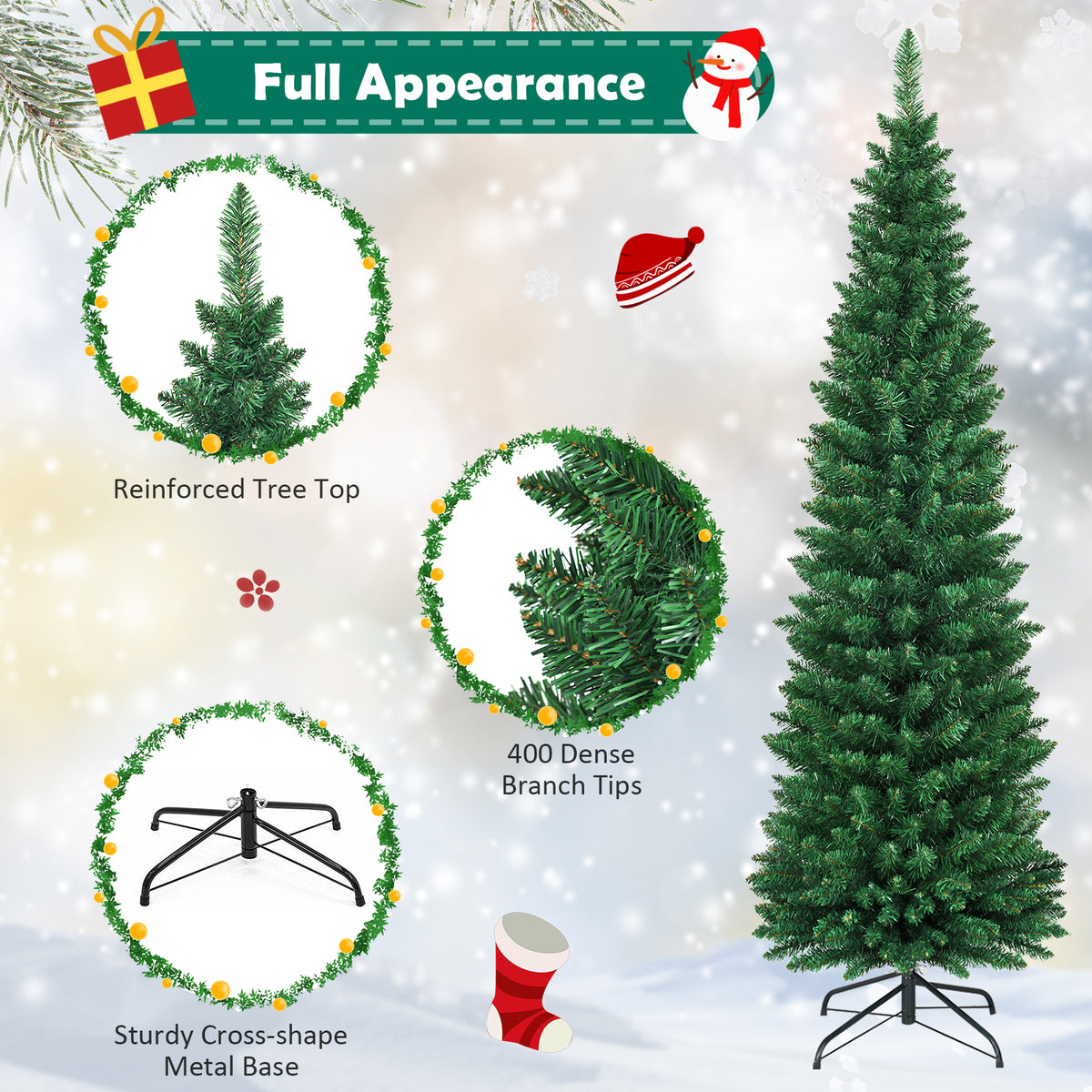 5/6/7/8/9 FT Slim Pencil Artificial Christmas Tree, Unlit Green Xmas Tree with Lush PVC Branch Tips