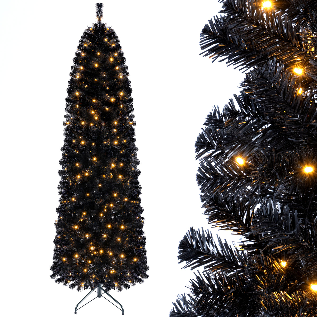 7/8 FT Pre-Lit Black Christmas Tree, Slim Artificial Halloween & Xmas Tree