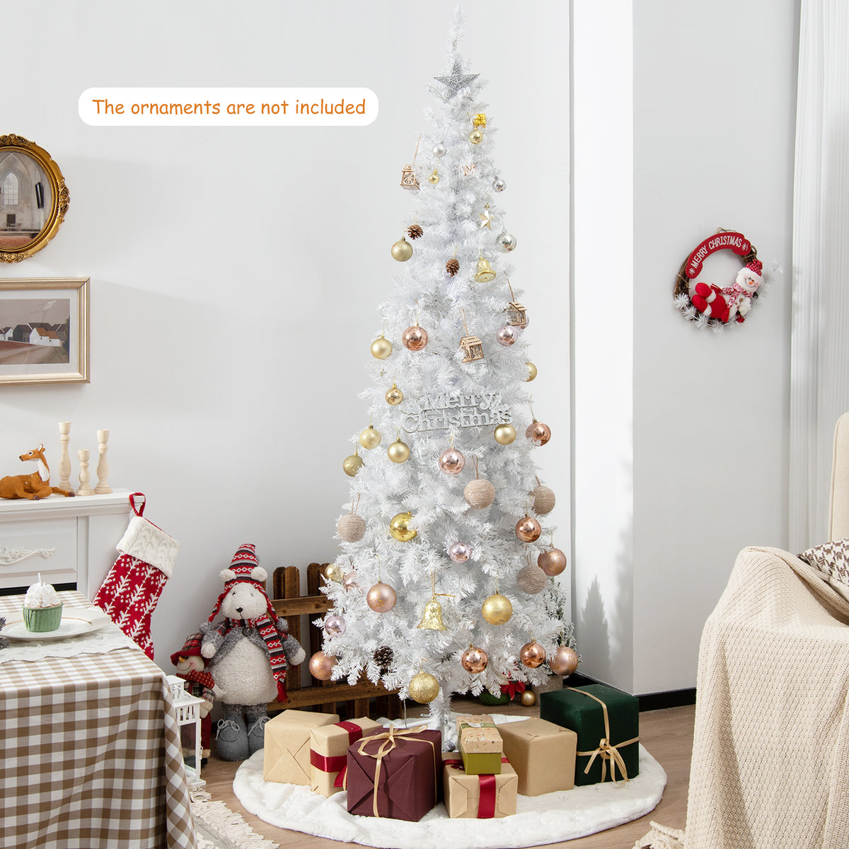7 FT Christmas Pencil Tree, Hinged Holiday Tree with 300 Warm White LED Lights