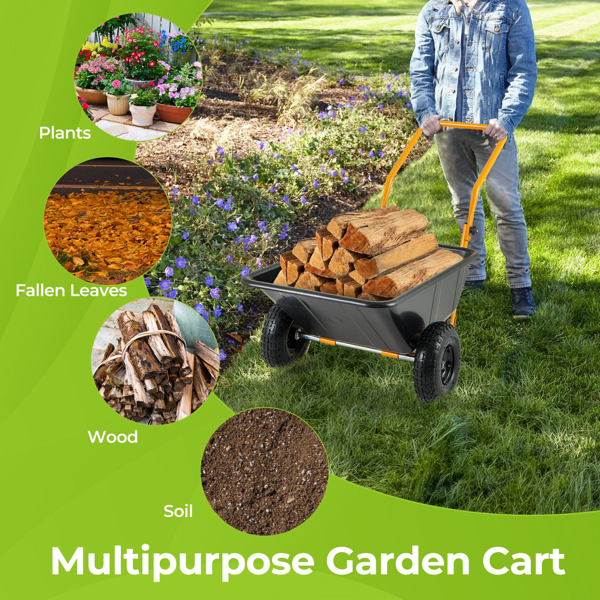 21-Gallon Dual-Wheel Wheelbarrow, Heavy-Duty Utility Cart with Pneumatic Tires and Foldable Handle