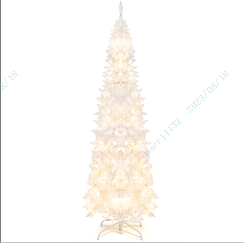7 FT Christmas Pencil Tree, Hinged Holiday Tree with 300 Warm White LED Lights