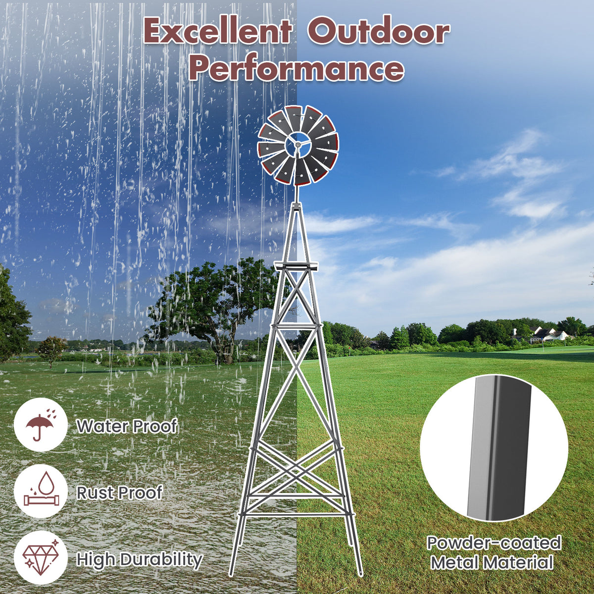 8ft Steel Windmill, Farmhouse Windmill Decoration with Directional Vane