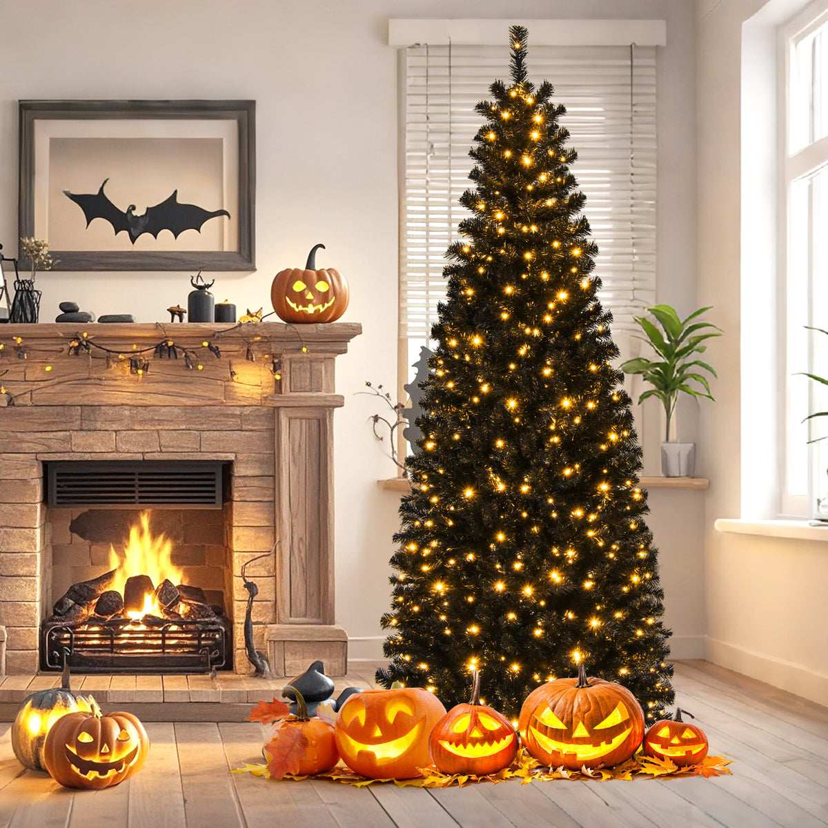 6FT Prelit Pencil Black Christmas Tree, Artificial Slim Xmas Tree with 618 Branch Tips