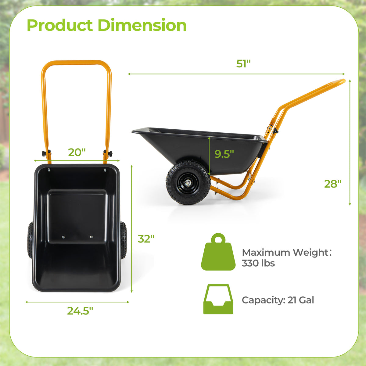 21-Gallon Dual-Wheel Wheelbarrow, Heavy-Duty Utility Cart with Pneumatic Tires and Foldable Handle