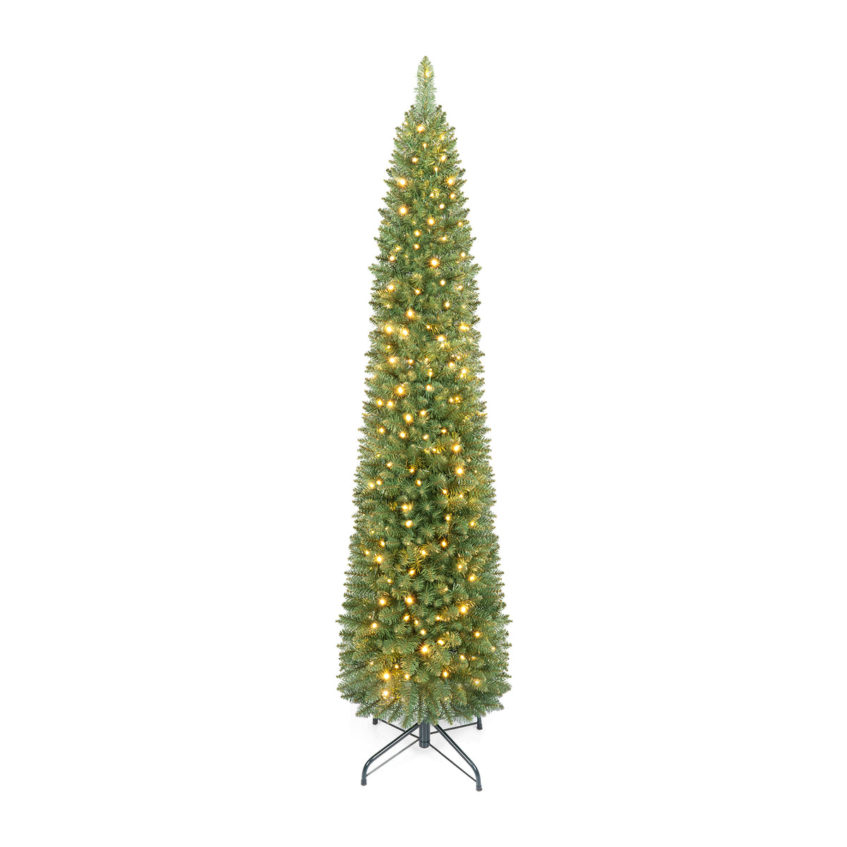 7FT Pre-Lit Pencil Christmas Tree, Slim Artificial Xmas Tree with Folding Metal Stand