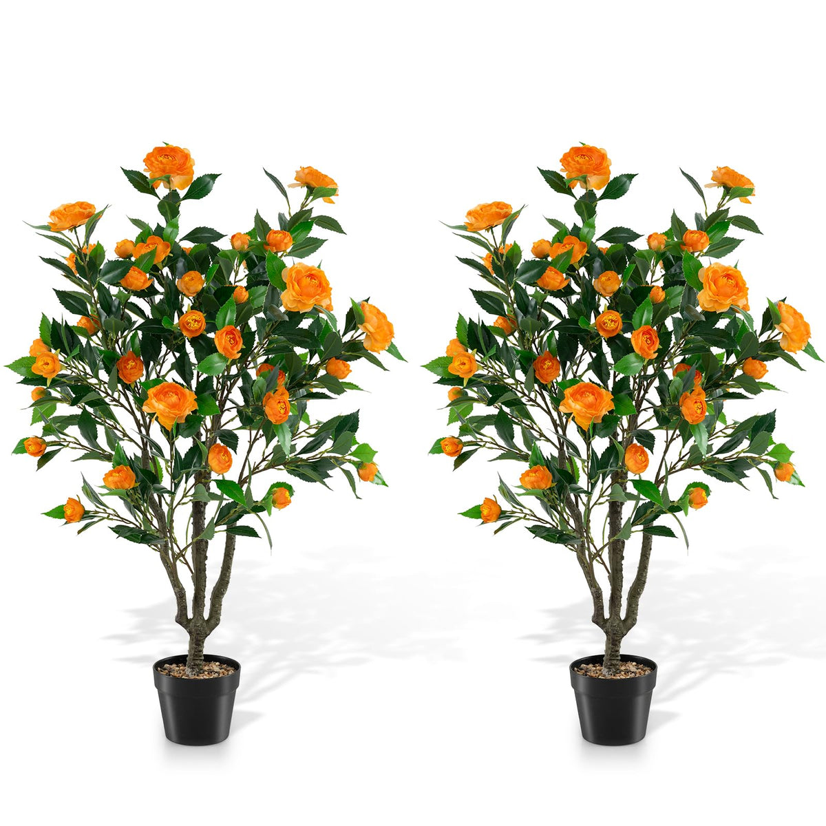 Lucktree 40" Artificial Camellia Tree Faux Camellia Potted Plant in Cement-Filled Pot (1/2 Pack)
