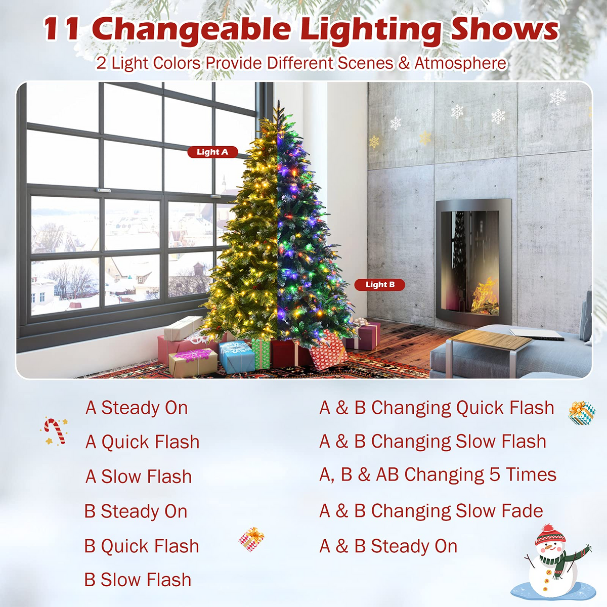 Lucktree 7FT Pre-Lit Artificial Christmas Tree, Hinged Realistic Snowy Xmas Pine Tree W/ 450 Color Changing LED Lights, 11 Flash Modes - LucktreeUS