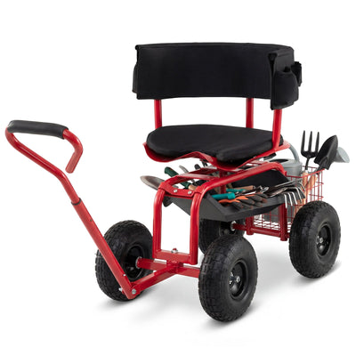 Lucktree Cushioned Rolling Garden Cart Scooter with Storage Basket and Tool Pouch