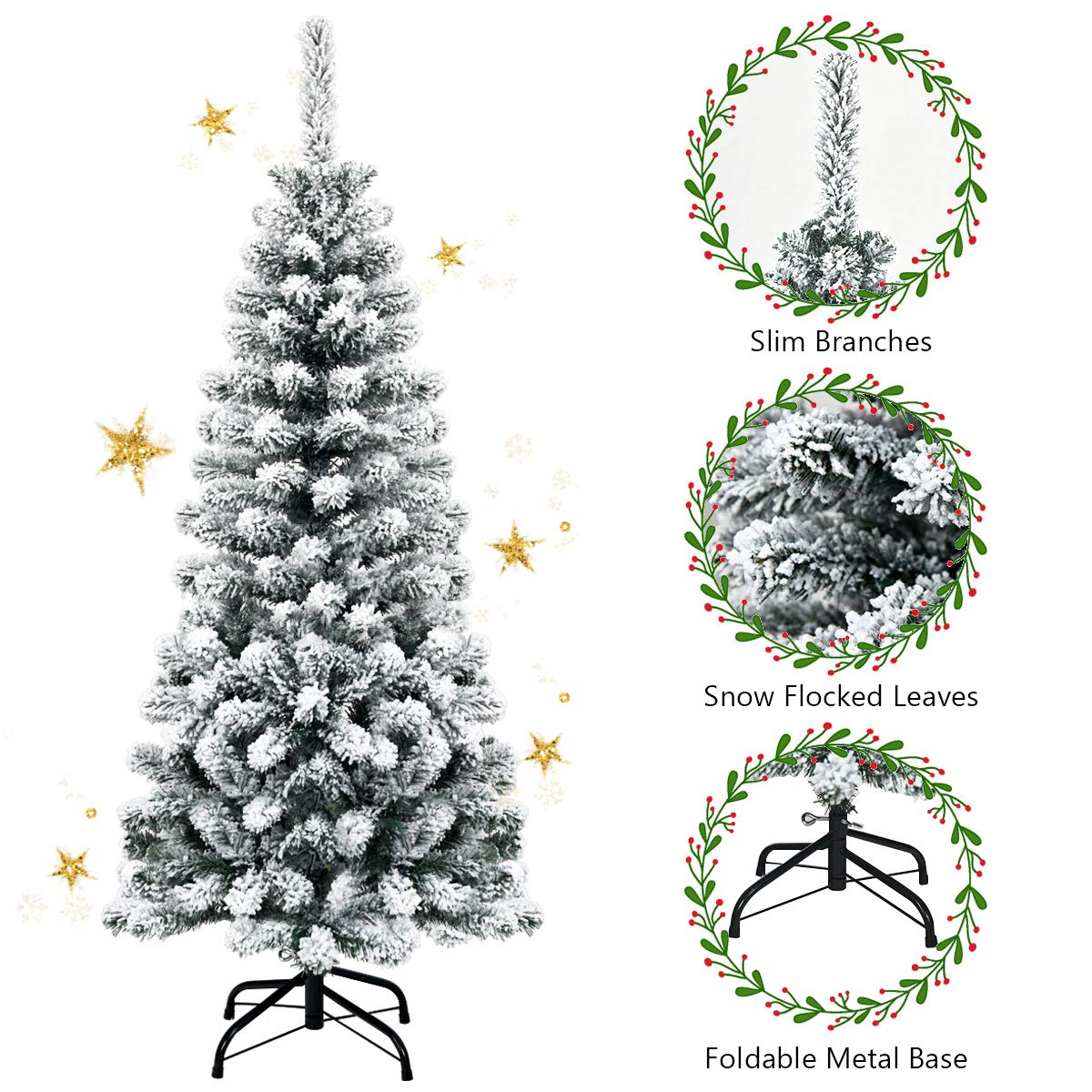 Lucktree Artificial Snow Flocked Christmas Tree, Slim Xmas Snowy Tree for Indoor and Outdoor Use - LucktreeUS