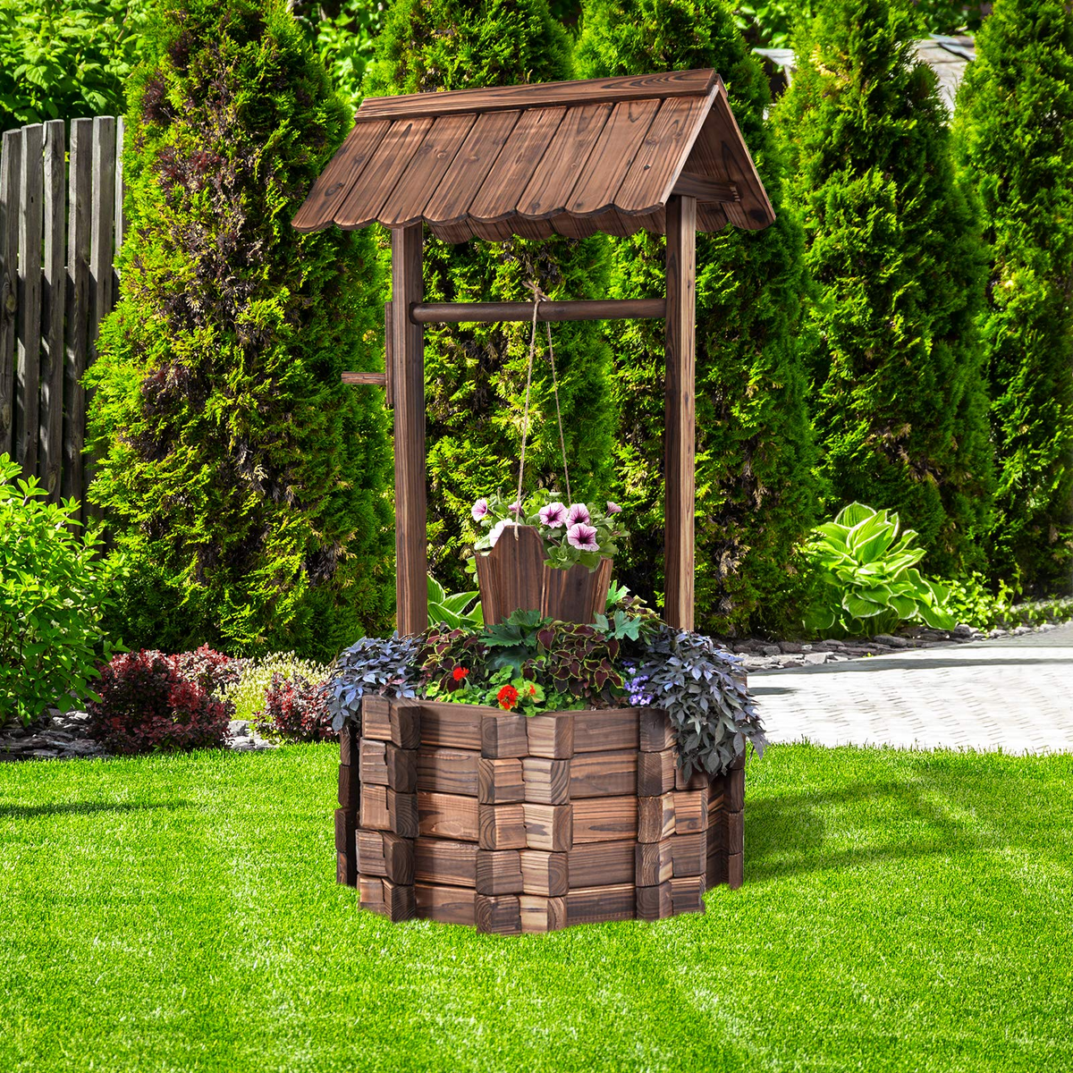 Lucktree Outdoor Wooden Wishing Well with Hanging Bucket