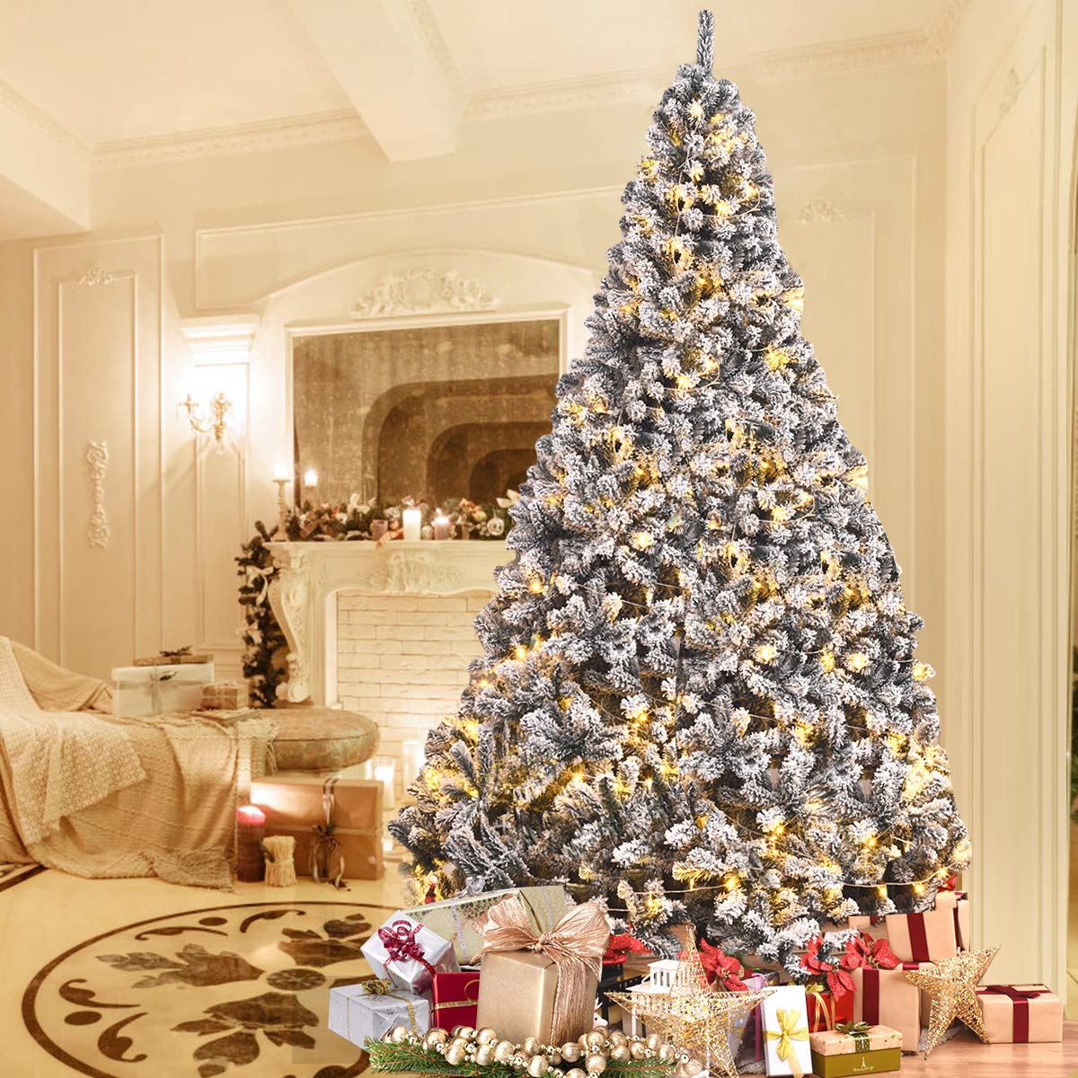 6FT/9FT  Snow Flocked Christmas Tree, Hinged Pine Tree - LucktreeUS