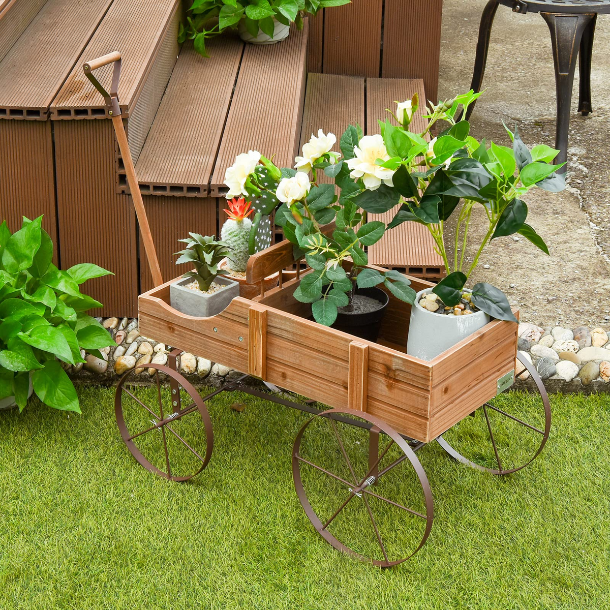 Lucktree Decorative Garden Planter, Small Wagon Cart with Metal Wheels, Wood Raised Beds Plant Pot Stand for Backyard Garden Patio 24.5"x13.5"x24"