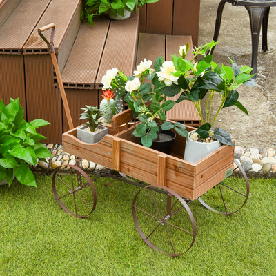 Lucktree Decorative Garden Planter, Small Wagon Cart with Metal Wheels, Wood Raised Beds Plant Pot Stand for Backyard Garden Patio 24.5"x13.5"x24"