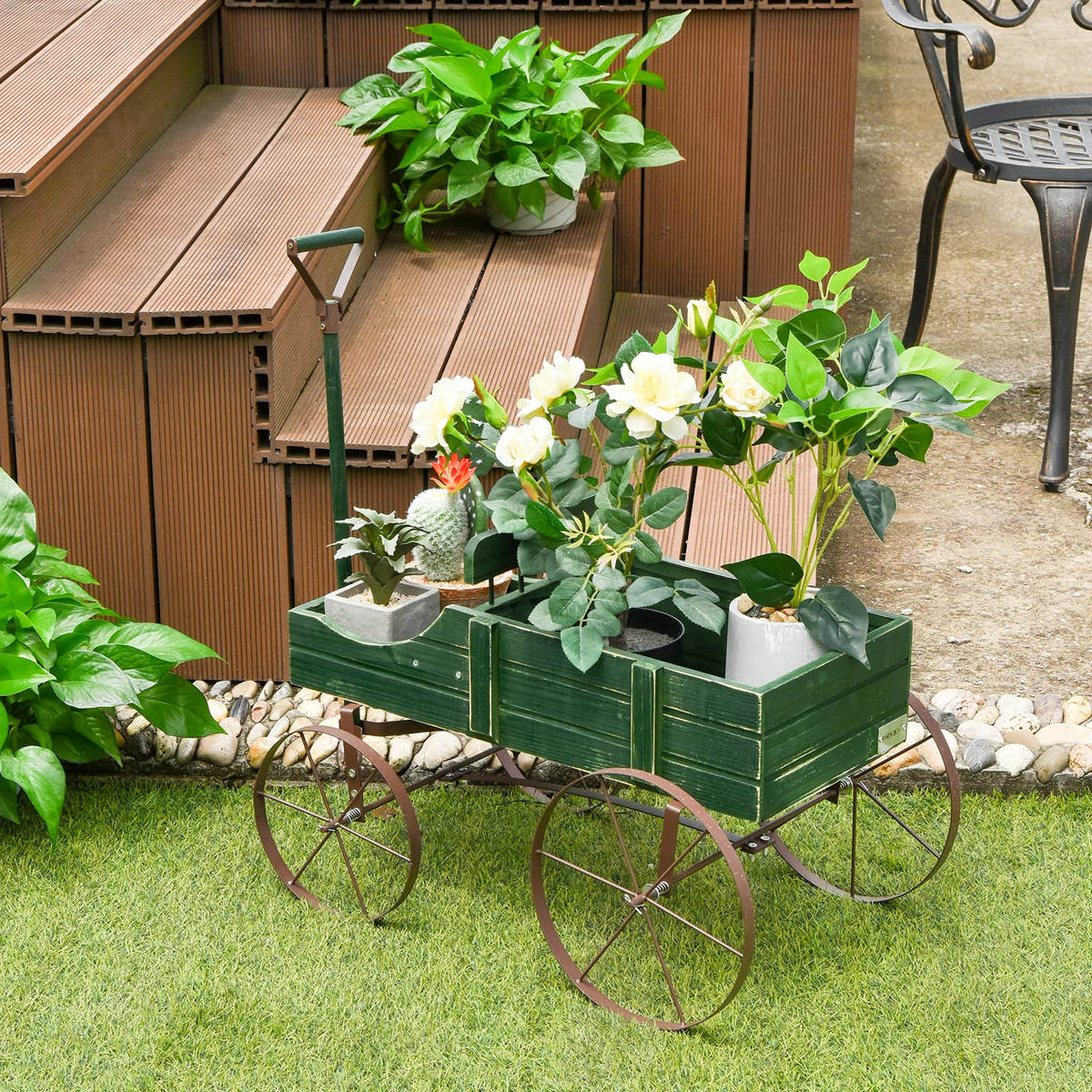 Lucktree Decorative Garden Planter, Small Wagon Cart with Metal Wheels, Wood Raised Beds Plant Pot Stand for Backyard Garden Patio 24.5"x13.5"x24"