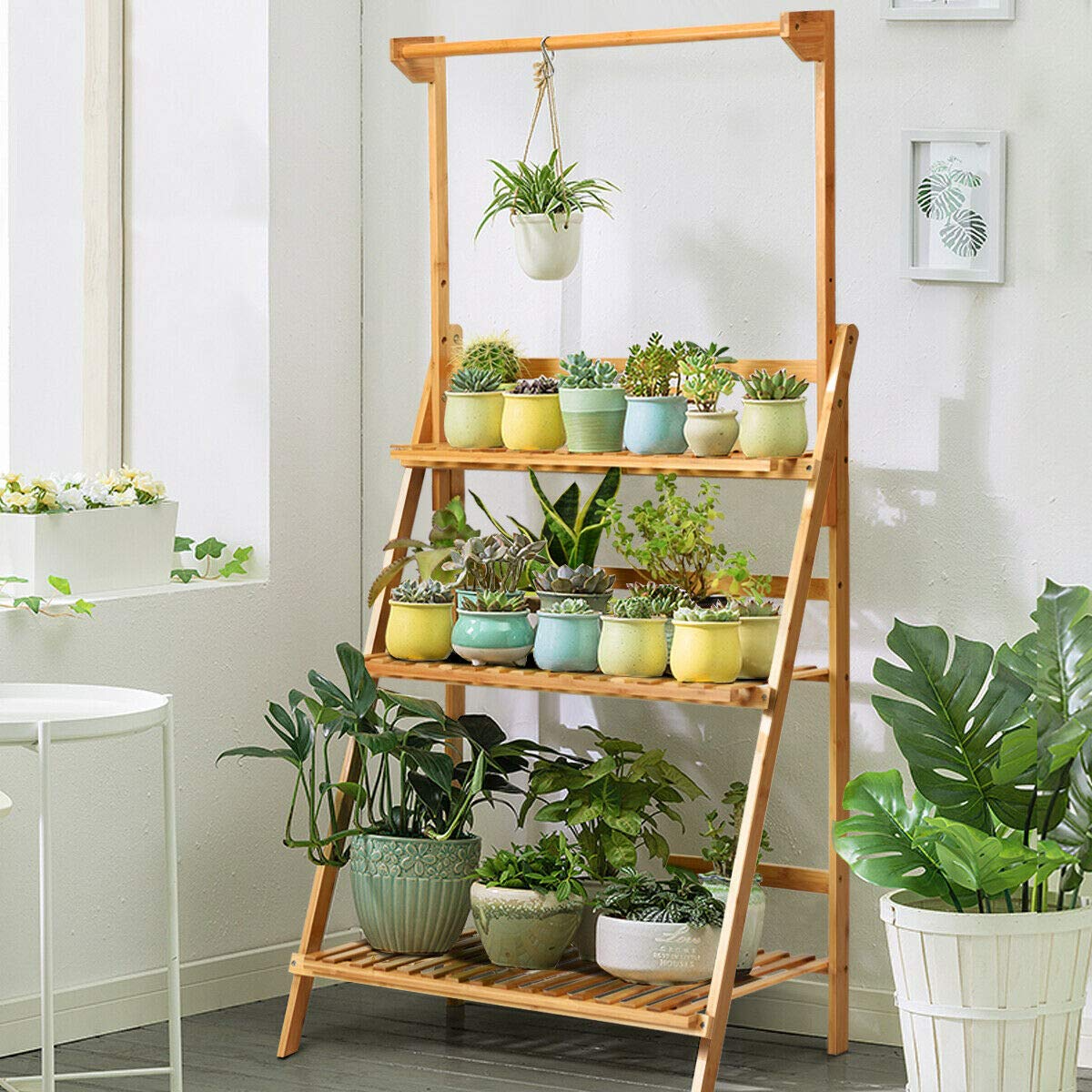 Lucktree 3-Tier Hanging Plant Stand Storage Shelf, Folding Flower Pot Organizer Display Storage Rack