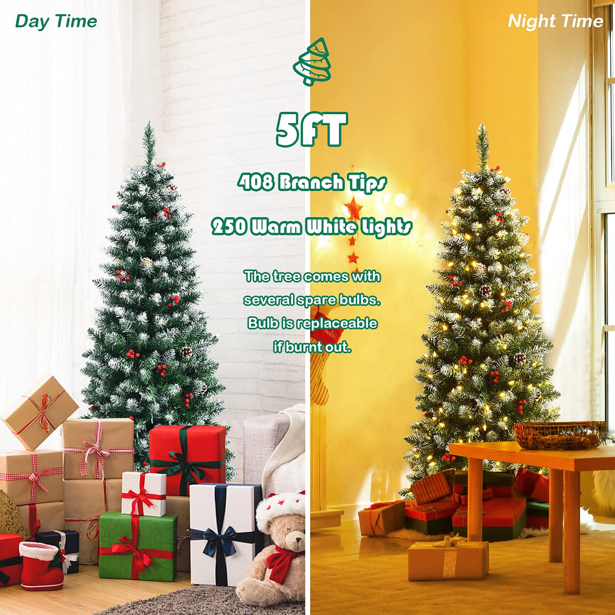 5ft Pre-lit Pencil Christmas Tree, Snow Flocked Artificial Hinged Xmas Tree - LucktreeUS