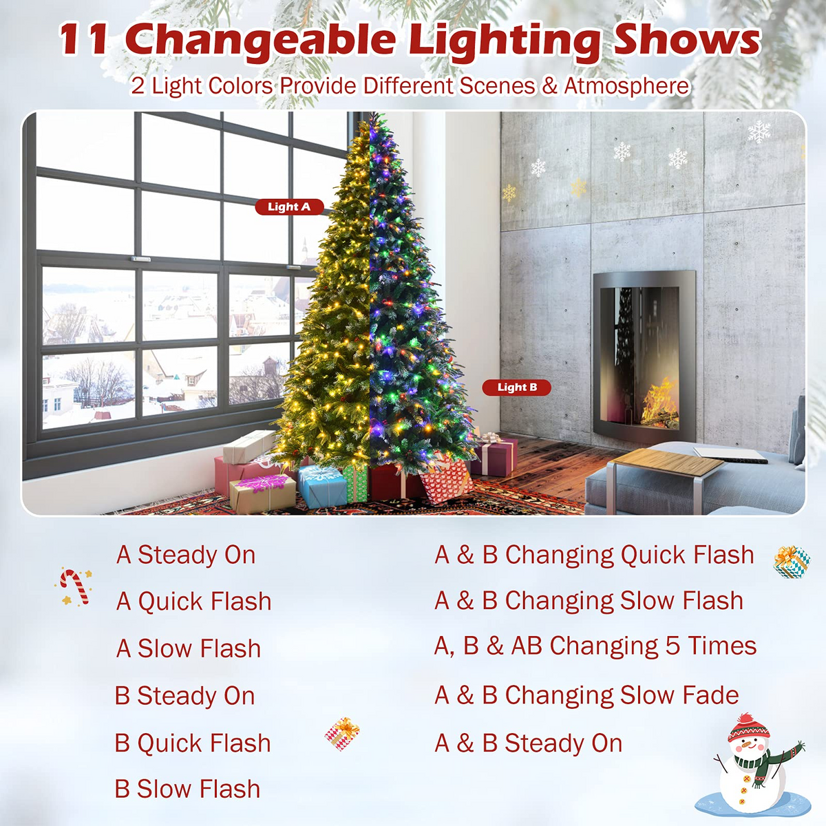 Lucktree 8FT Pre-Lit Artificial Christmas Tree, Hinged Realistic Snowy Xmas Pine Tree W/ 780 Color Changing LED Lights, 11 Flash Modes - LucktreeUS