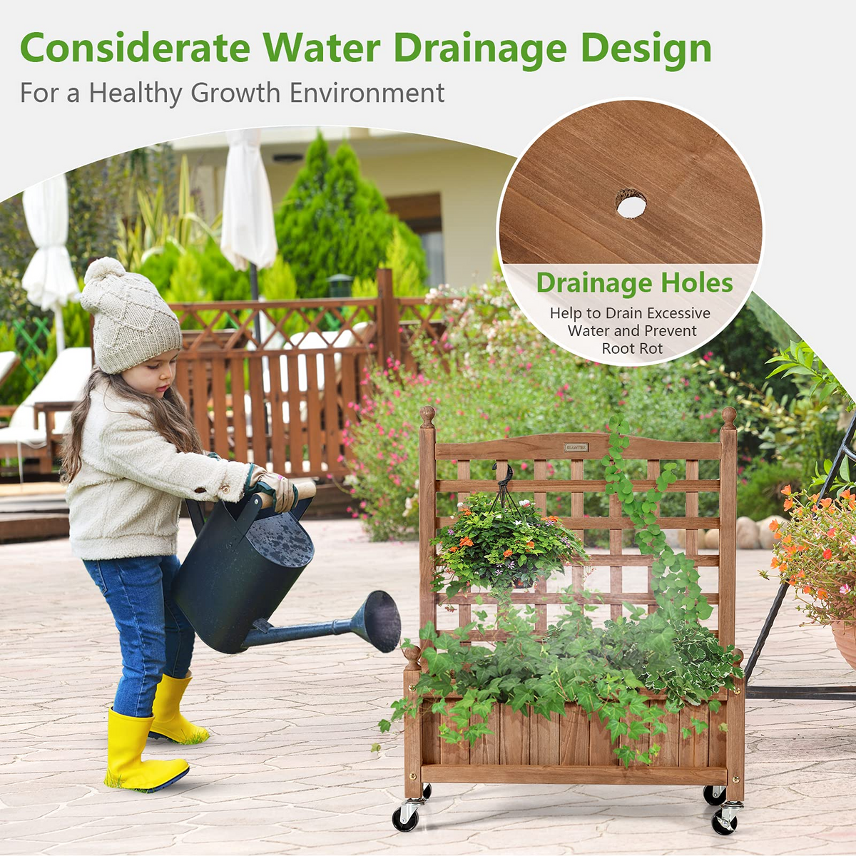 Wood Planter with Lattice Trellis and Wheels, 25'' x 11'' x 32.5'' (L x W x H)