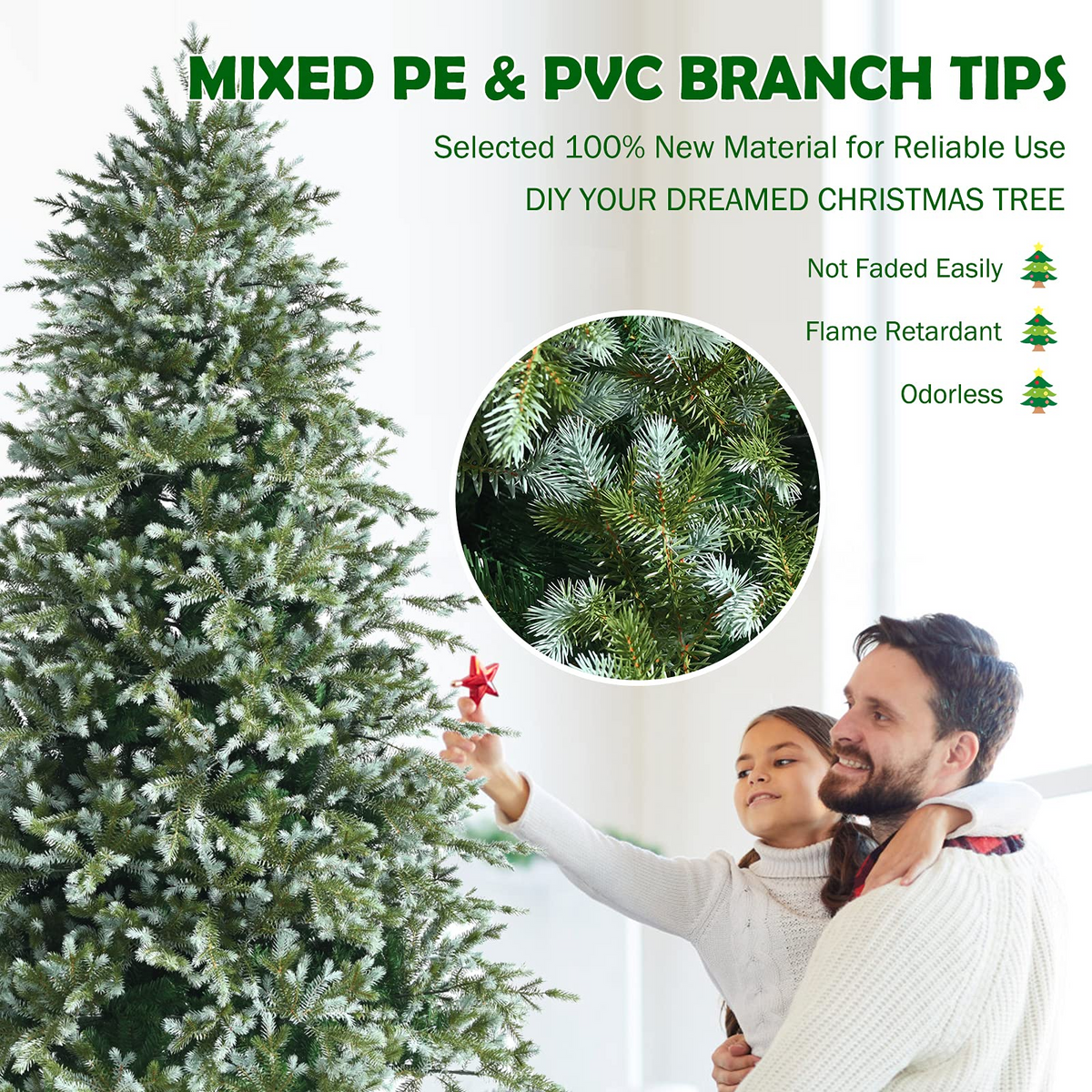 Lucktree 8ft Artificial Christmas Tree, Unlit Hinged Xmas Spruce Tree w/ 1658 Mixed PE & PVC Branch Tips - LucktreeUS