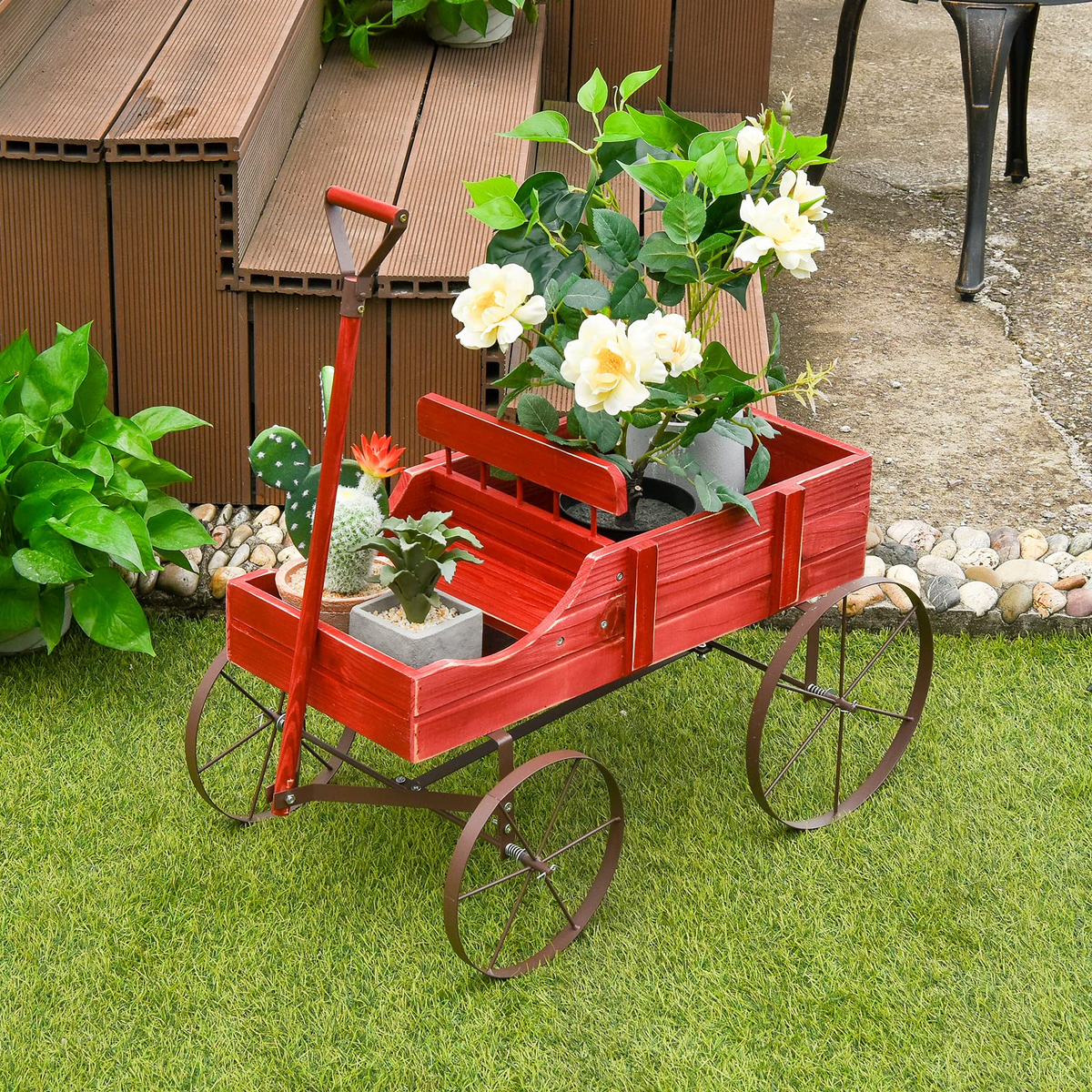 Lucktree Decorative Garden Planter, Small Wagon Cart with Metal Wheels, Wood Raised Beds Plant Pot Stand for Backyard Garden Patio 24.5"x13.5"x24"