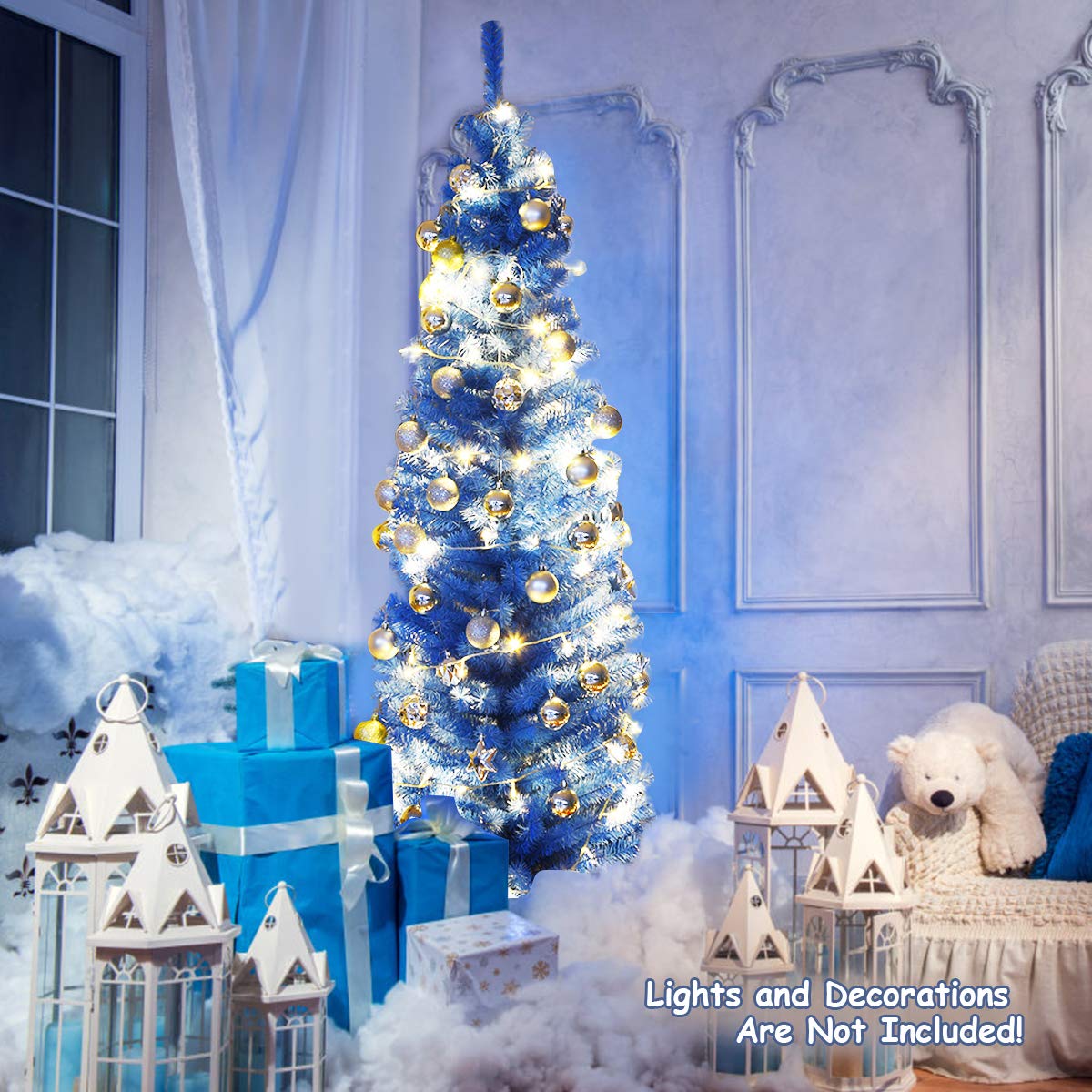6ft Blue Pencil Christmas Tree, Artificial Slim Tree - LucktreeUS