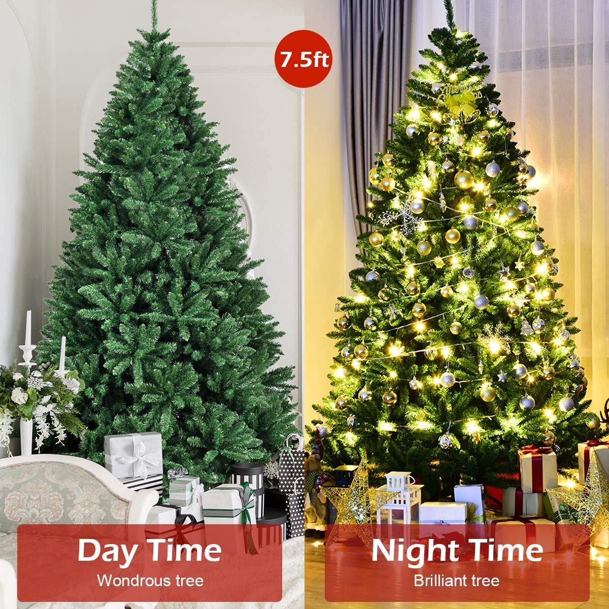 Artificial Douglas Christmas Tree, 7.5 Unlit Hinged Pine Tree with 2254 Branch Tips and Solid Metal Stand - LucktreeUS