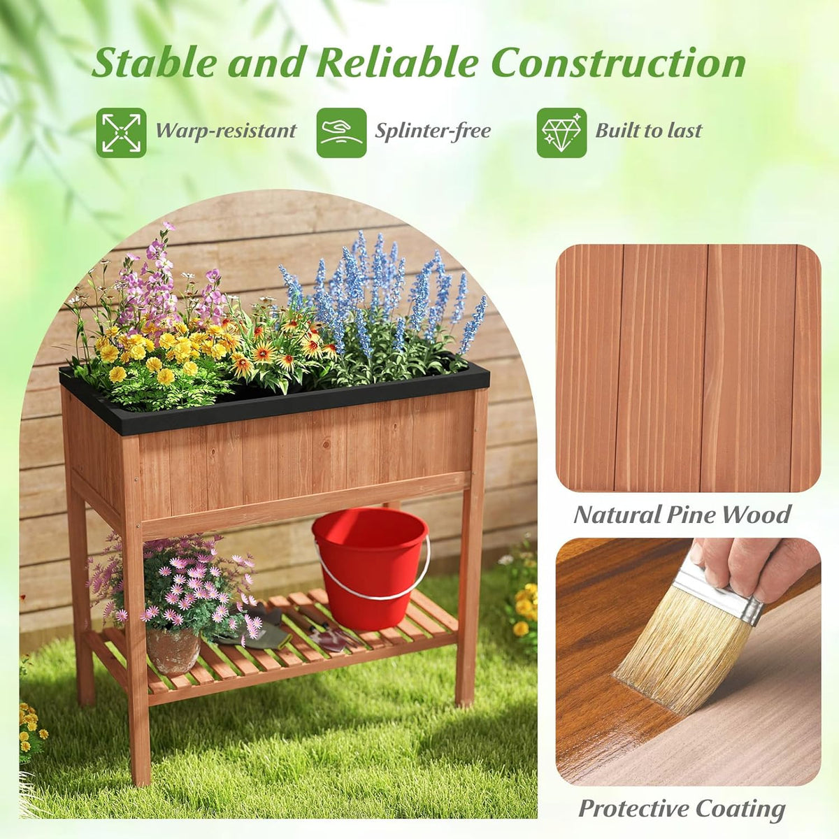 Lucktree 40"x20"x39" Raised Garden Bed Wood Planter Box with Plant Stand & Black Liner
