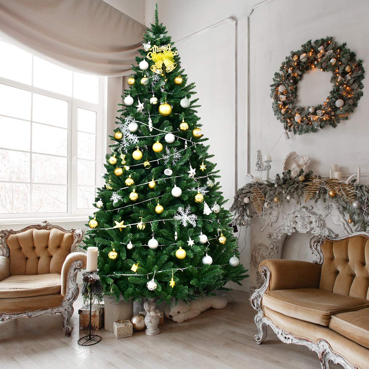 9ft Artificial Douglas Christmas Tree, Unlit Hinged Pine Tree, with 3594 Branch Tips and Solid Metal Stand - LucktreeUS