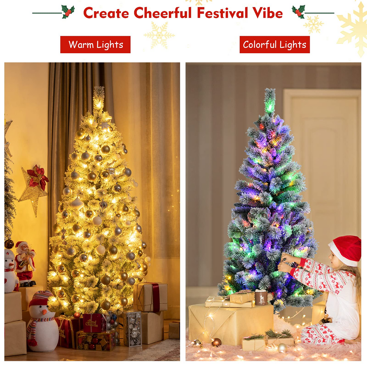 Lucktree Snow Flocked Christmas Tree, Premium Hinged Artificial Pine Tree, Remote Controller, Xmas Full Tree for Indoor - LucktreeUS