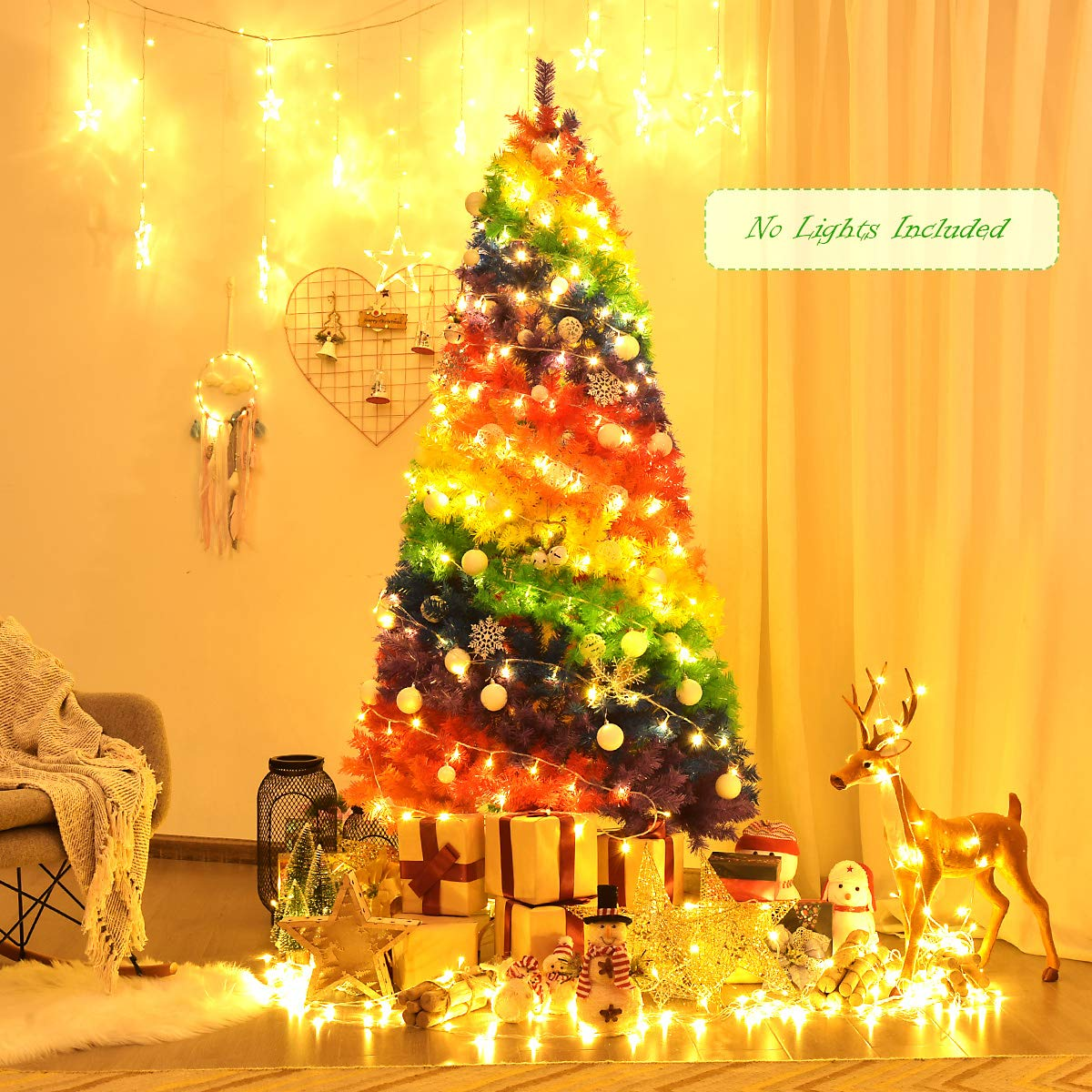 Lucktree 7FT Colorful Rainbow Full Fir Christmas Tree, Artificial Hinged Christmas Tree w/Solid Metal Stand - LucktreeUS