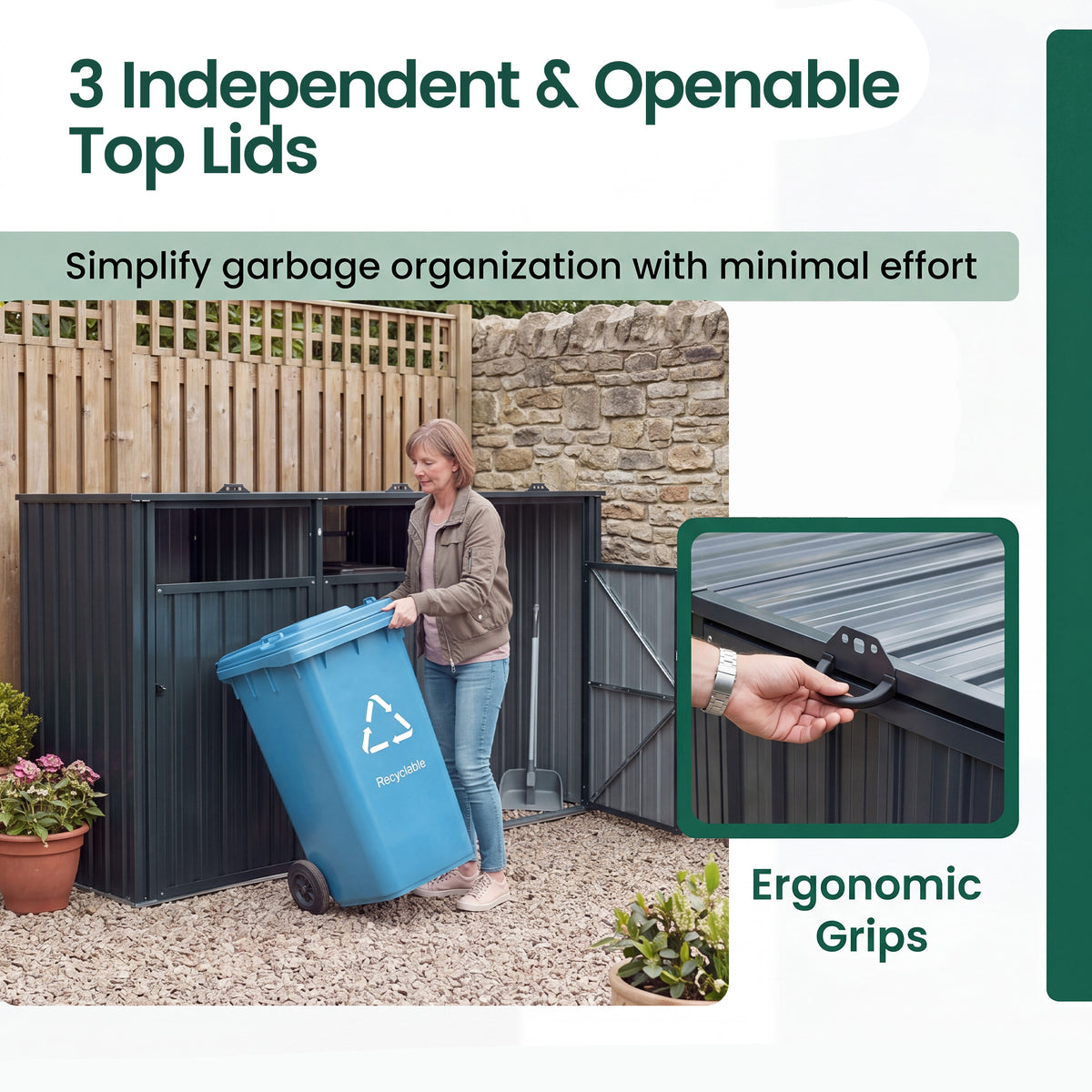 3-Bin Metal Trash Can Storage Shed, 238 x 79 CM Outdoor Garbage Shed with Flip-Up Lids & Lockable Doors