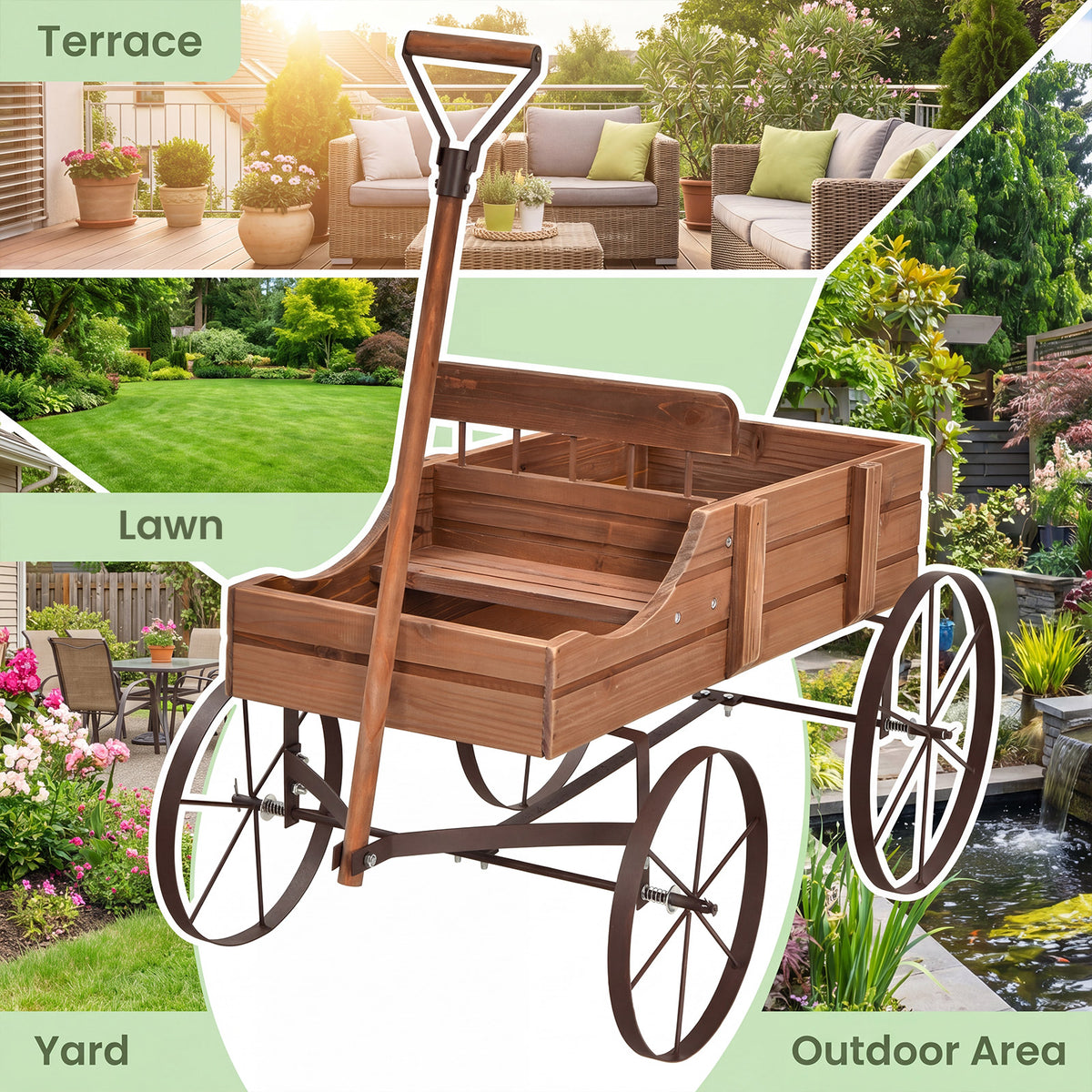 Vintage Wooden Planting Cart, Farmhouse Style Mobile Planter with Adjustable Pull Handle and 4 Wheels
