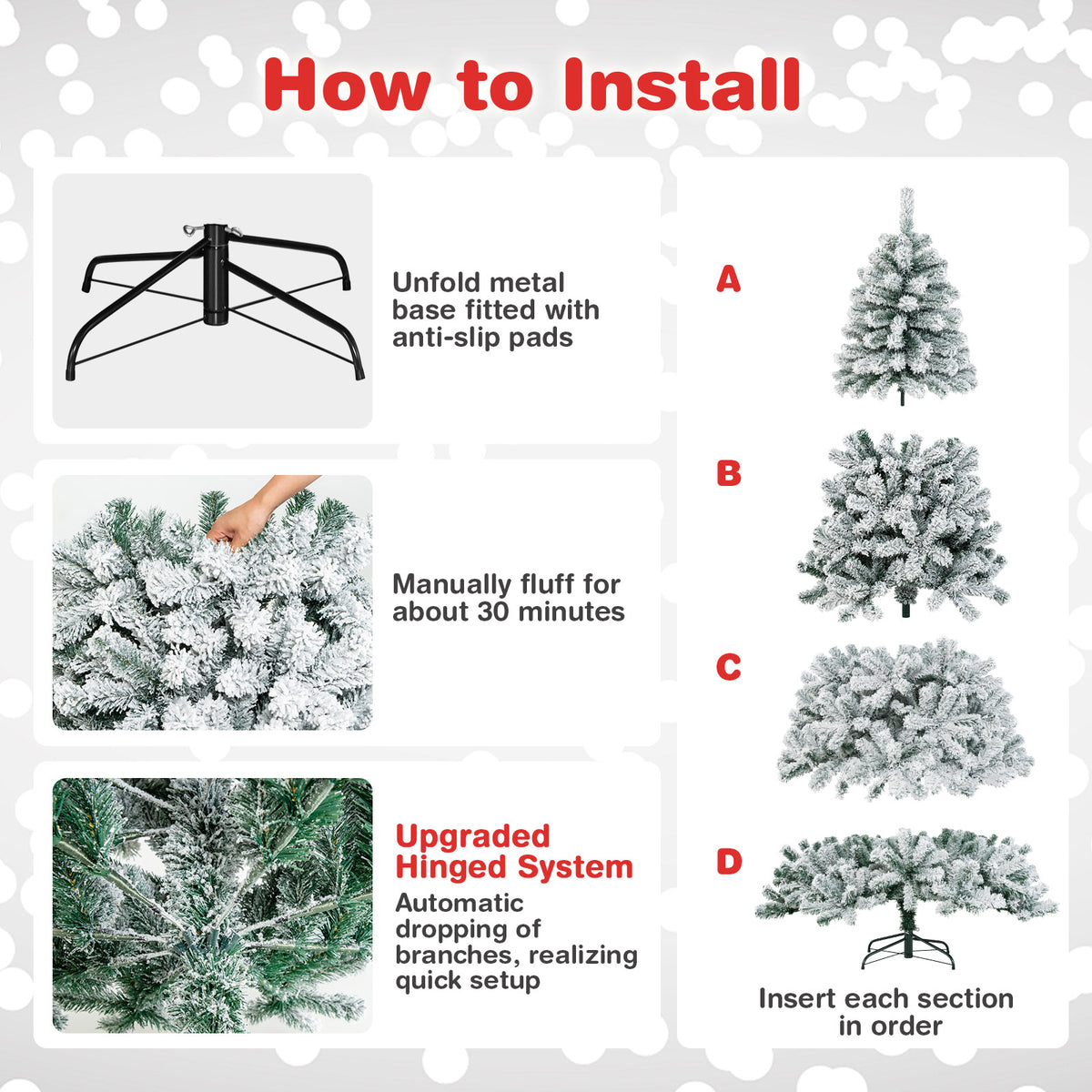 9FT Flocked Christmas Tree, Artificial Xmas Tree w/PVC Needles, Metal Stand
