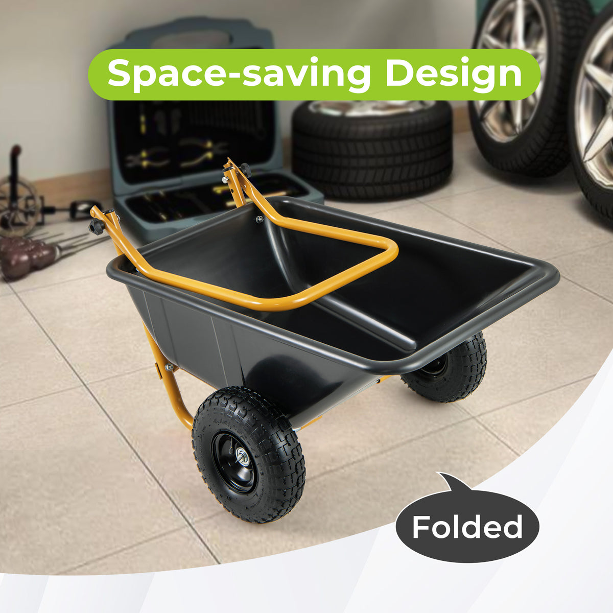 21-Gallon Dual-Wheel Wheelbarrow, Heavy-Duty Utility Cart with Pneumatic Tires and Foldable Handle