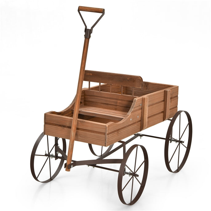 Vintage Wooden Planting Cart, Farmhouse Style Mobile Planter with Adjustable Pull Handle and 4 Wheels