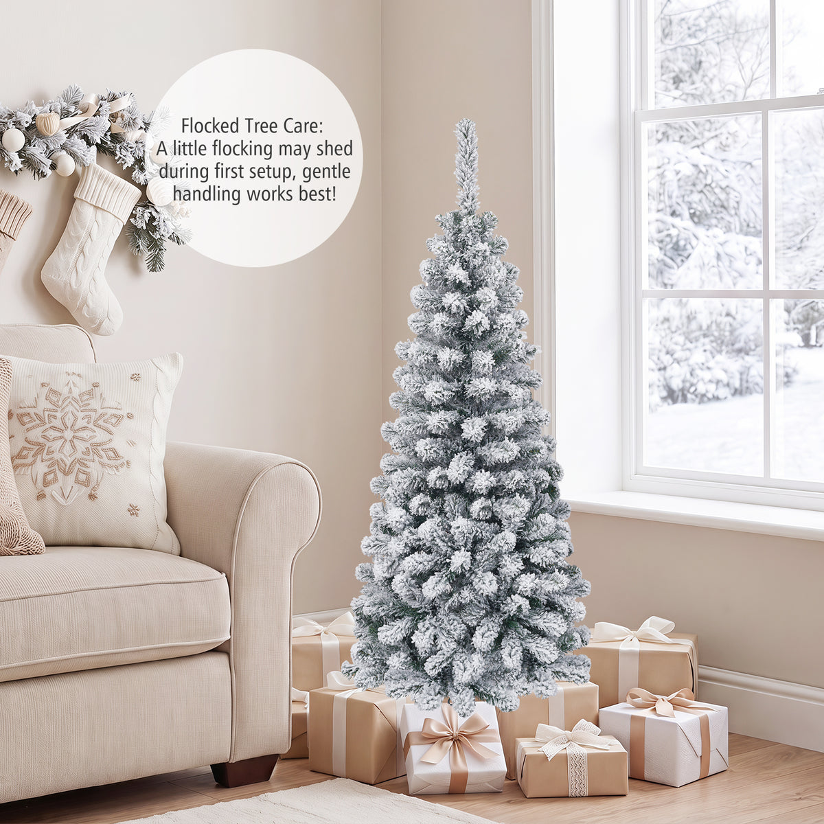 4.5/6/7.5 FT Snow-Flocked Christmas Tree, Artificial Pencil Xmas Tree with 244/502/641 PVC Branch Tips