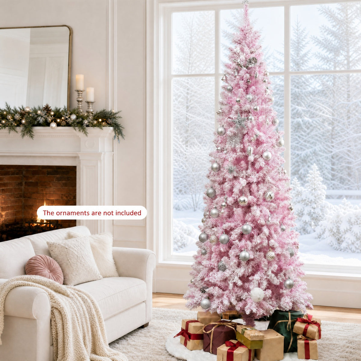 7 FT Slim Pencil Christmas Tree, Hinged Xmas Tree with Flocked Design, 800 PVC Branch Tips